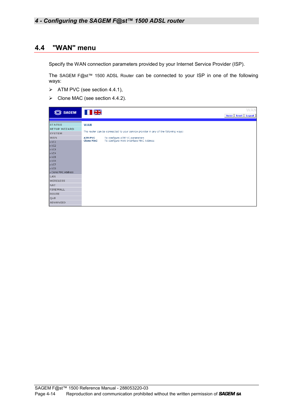 4 "wan" menu | Sagem F@ST 1500WG User Manual | Page 60 / 134