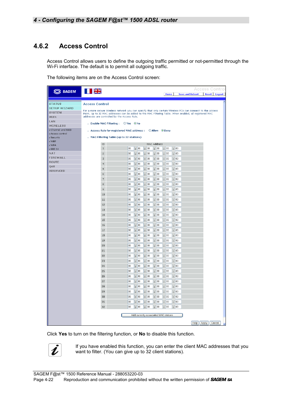 2 access control | Sagem F@ST 1500WG User Manual | Page 68 / 134