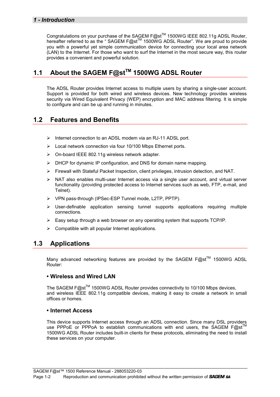 1 about the sagem f@st tm 1500wg adsl router, 2 features and benefits, 3 applications | 1 about the sagem f@st, 1500wg adsl router, 1 - introduction, Wireless and wired lan, Internet access | Sagem F@ST 1500WG User Manual | Page 8 / 134