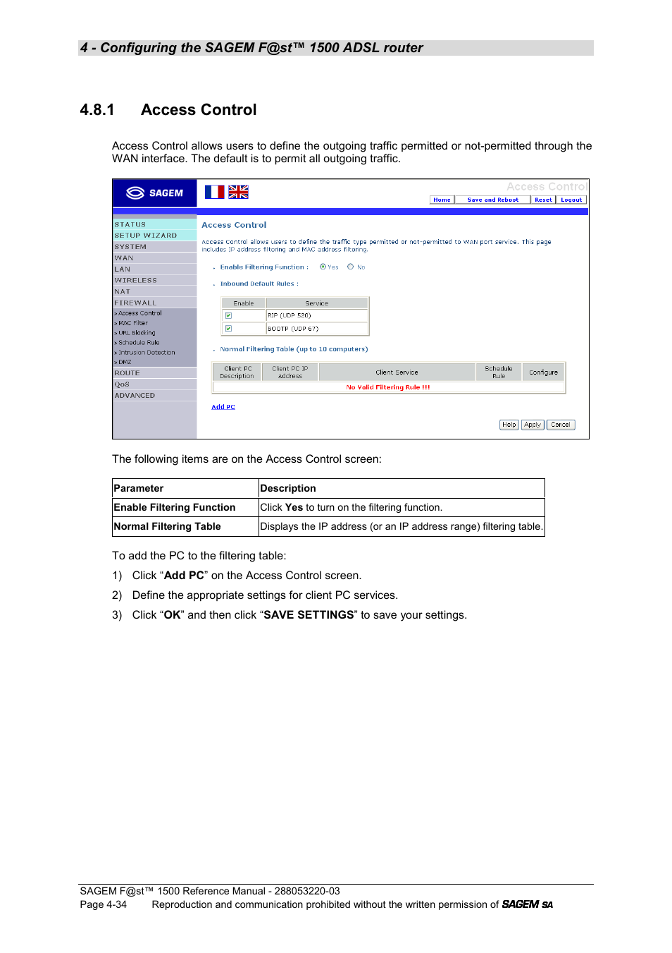 1 access control | Sagem F@ST 1500WG User Manual | Page 80 / 134