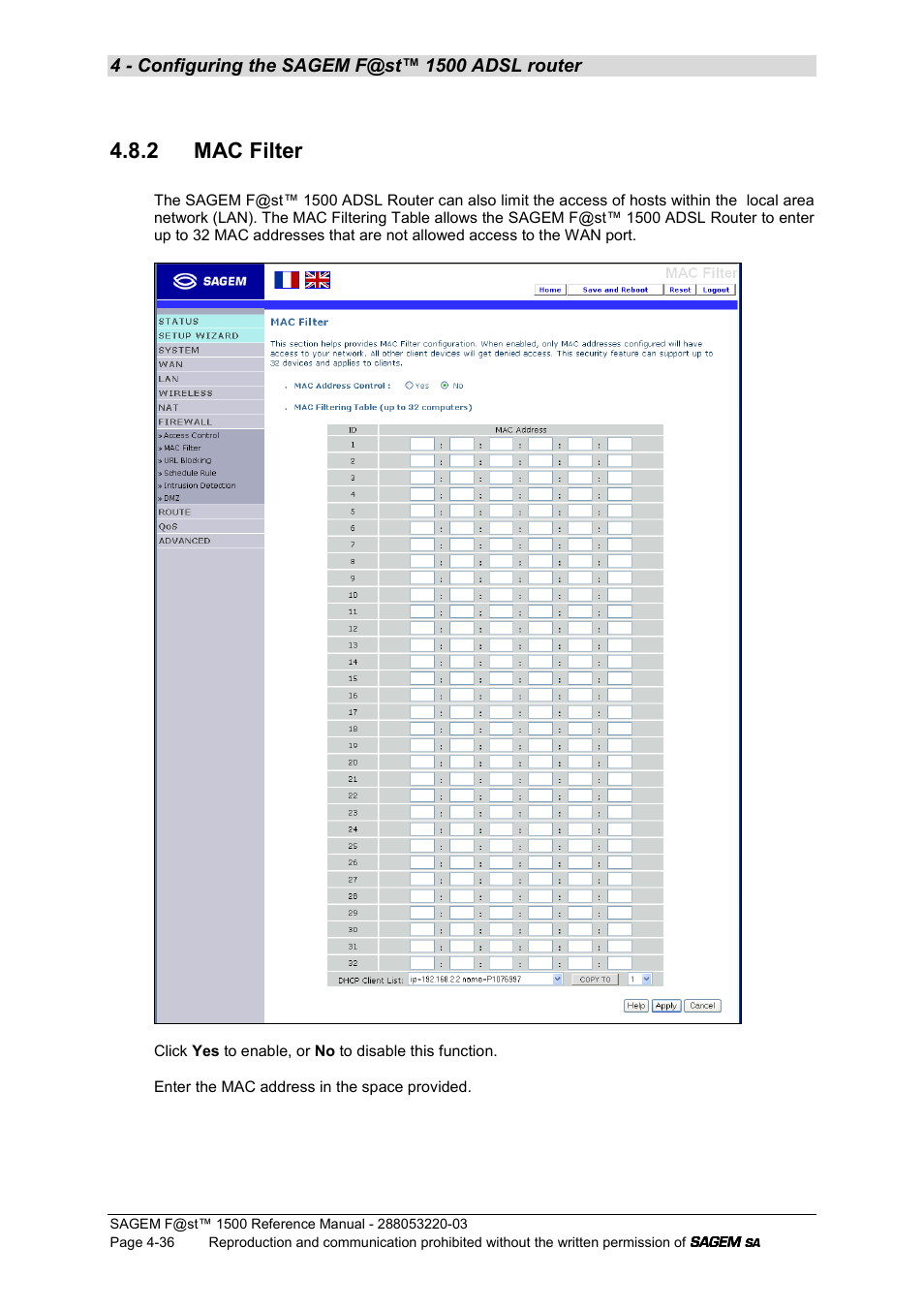 2 mac filter | Sagem F@ST 1500WG User Manual | Page 82 / 134