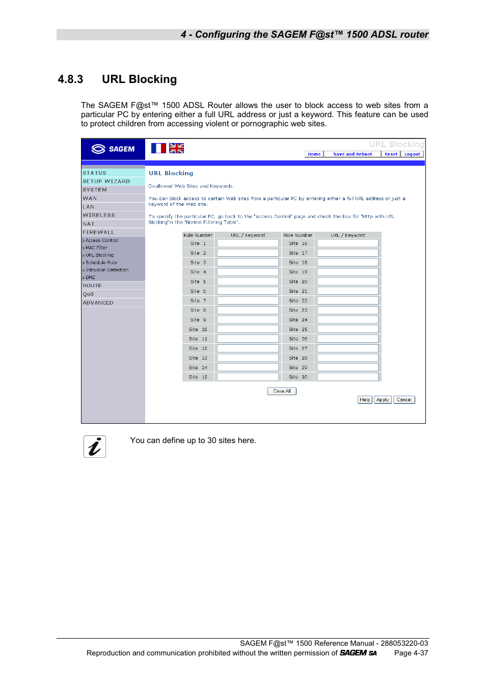 3 url blocking | Sagem F@ST 1500WG User Manual | Page 83 / 134