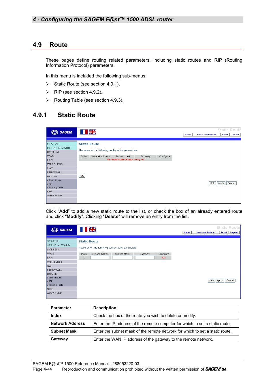 9 route, 1 static route | Sagem F@ST 1500WG User Manual | Page 90 / 134