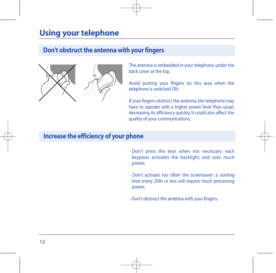 Using your telephone, Don't obstruct the antenna with your fingers, Increase the efficiency of your phone | Sagem M2002 User Manual | Page 13 / 74