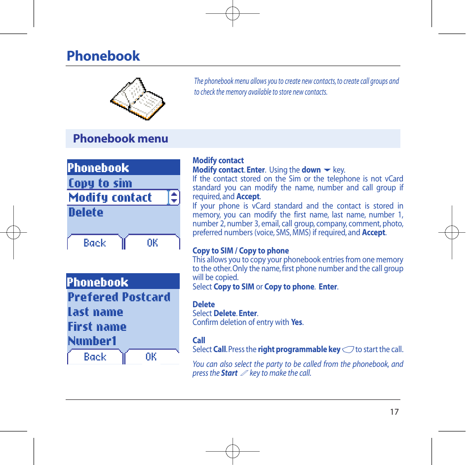 Phonebook, Copy to sim modify contact delete, Prefered postcard last name first name number1 | Phonebook menu | Sagem M2002 User Manual | Page 18 / 74