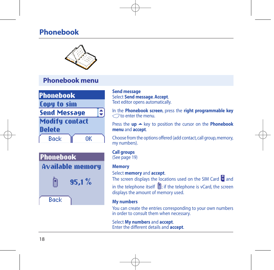 Phonebook, Copy to sim send message modify contact delete, Phonebook menu | Sagem M2002 User Manual | Page 19 / 74