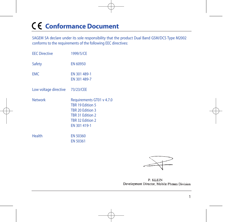 Conformance document | Sagem M2002 User Manual | Page 2 / 74