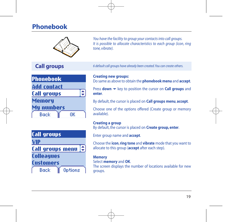 Phonebook, Vip call groups menu colleagues customers, Call groups | Sagem M2002 User Manual | Page 20 / 74