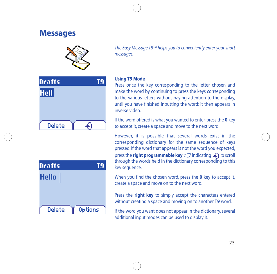 Messages, Drafts t9, Hell drafts t9 | Hello | Sagem M2002 User Manual | Page 24 / 74