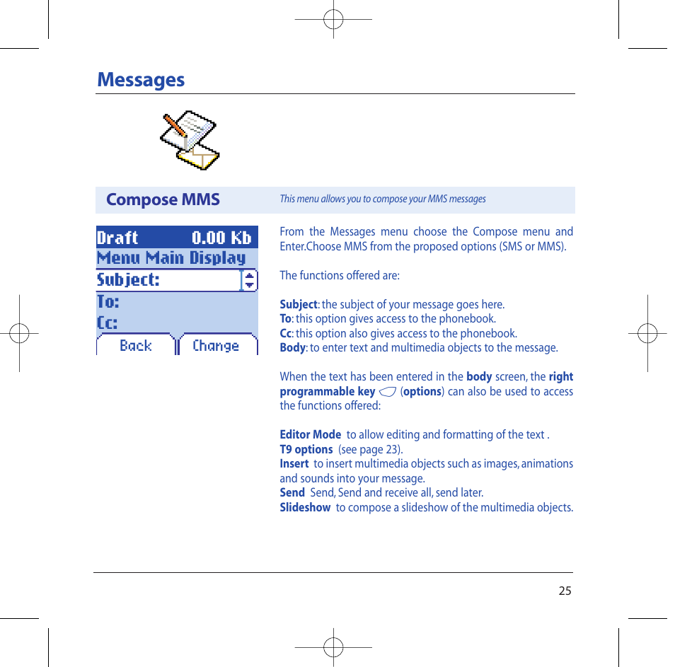 Messages, Draft 0.00 kb, Menu main display subject: to: cc | Compose mms | Sagem M2002 User Manual | Page 26 / 74