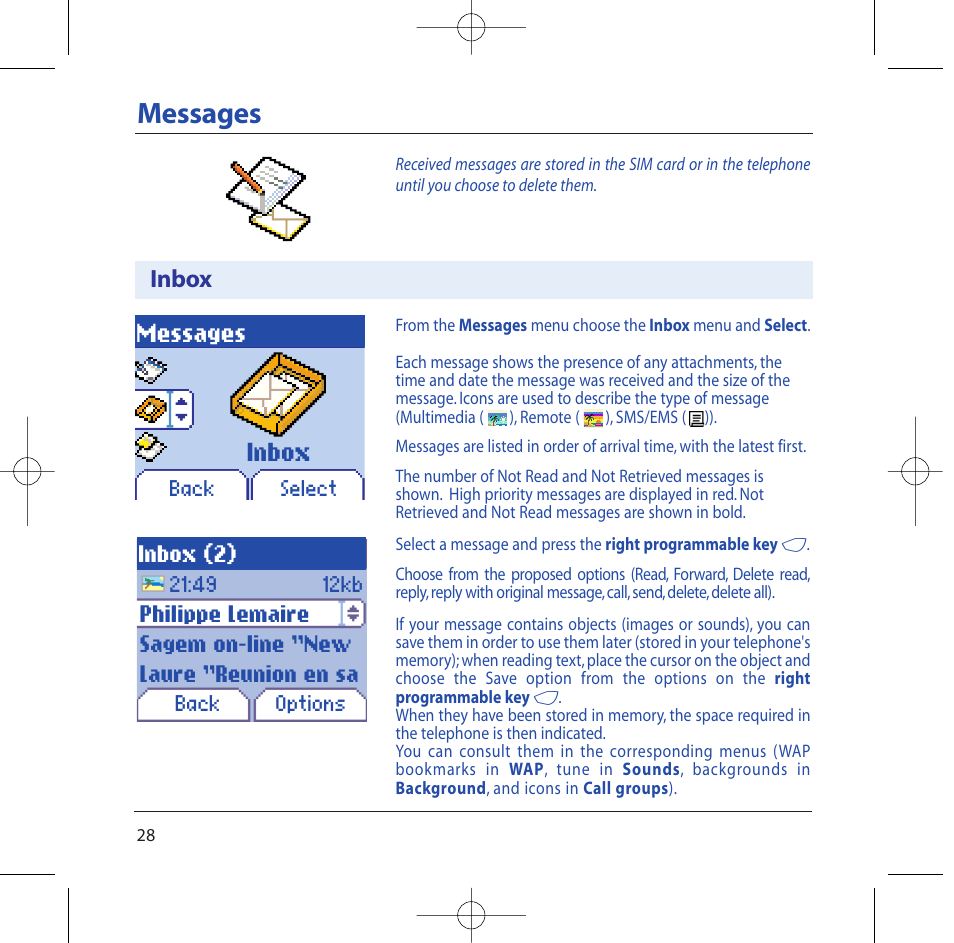 Messages, Inbox | Sagem M2002 User Manual | Page 29 / 74