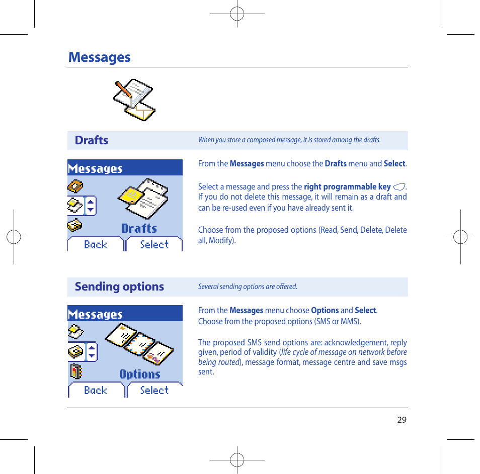 Messages, Options, Drafts | Sending options | Sagem M2002 User Manual | Page 30 / 74