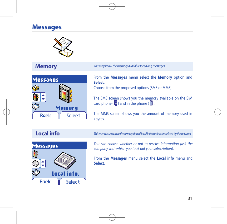 Messages, Local info | Sagem M2002 User Manual | Page 32 / 74