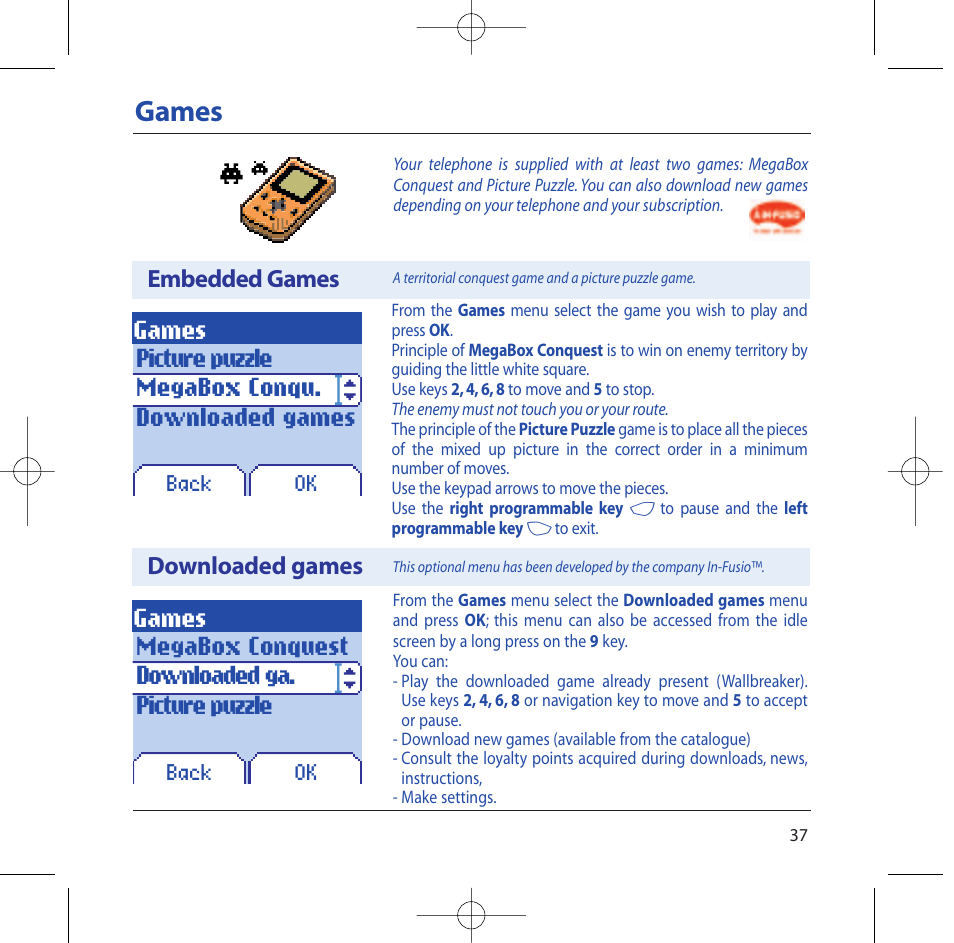 Games, Megabox conquest downloaded ga. picture puzzle, Embedded games downloaded games | Sagem M2002 User Manual | Page 38 / 74