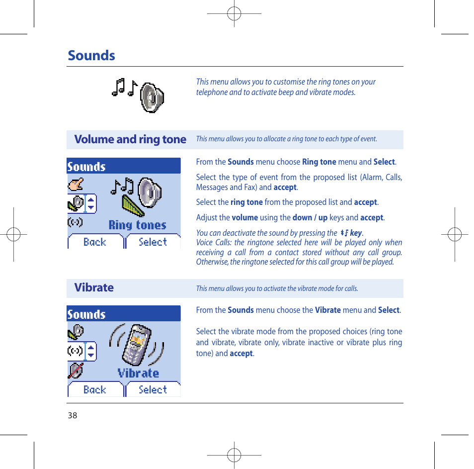 Sounds, Ring tones vibrate, Volume and ring tone vibrate | Sagem M2002 User Manual | Page 39 / 74