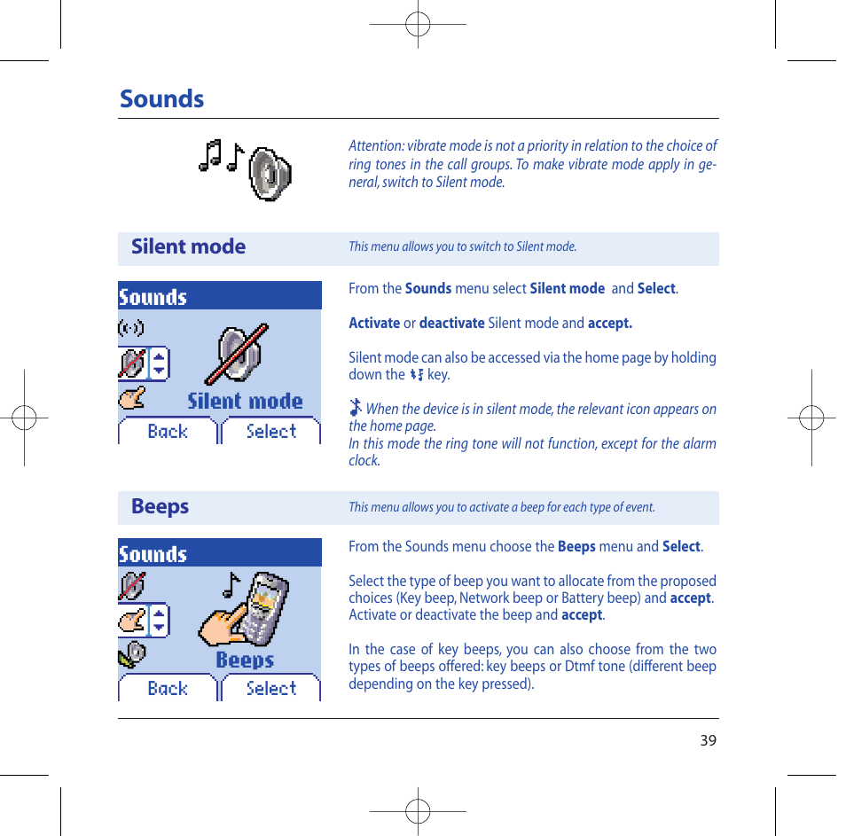 Sounds, Beeps silent mode, Silent mode beeps | Sagem M2002 User Manual | Page 40 / 74