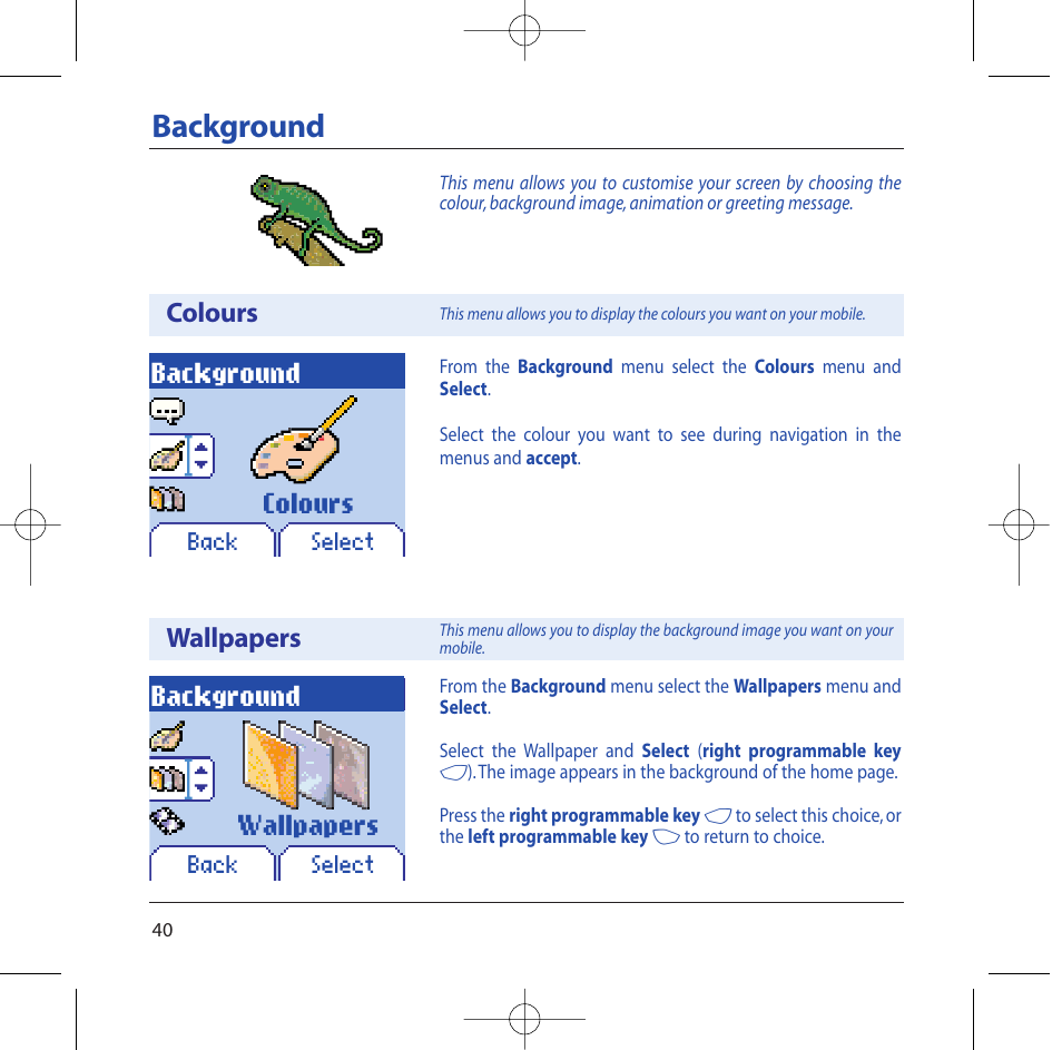 Background, Colours wallpapers | Sagem M2002 User Manual | Page 41 / 74