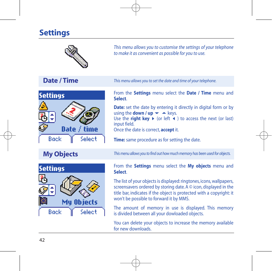 Settings, Date / time, My objects | Sagem M2002 User Manual | Page 43 / 74