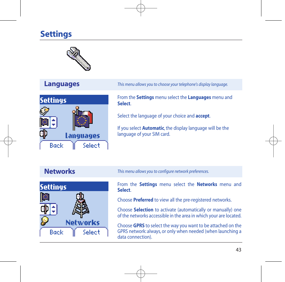 Settings, Languages networks, Languages | Networks | Sagem M2002 User Manual | Page 44 / 74