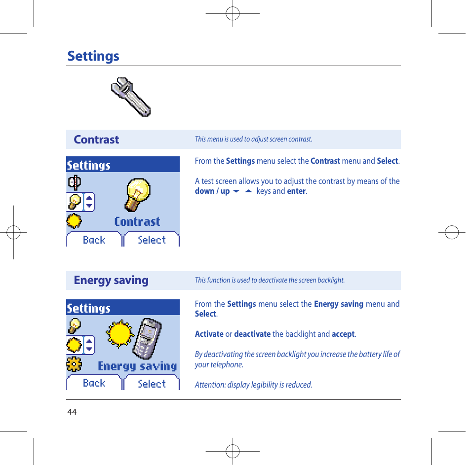 Settings, Contrast, Energy saving | Sagem M2002 User Manual | Page 45 / 74