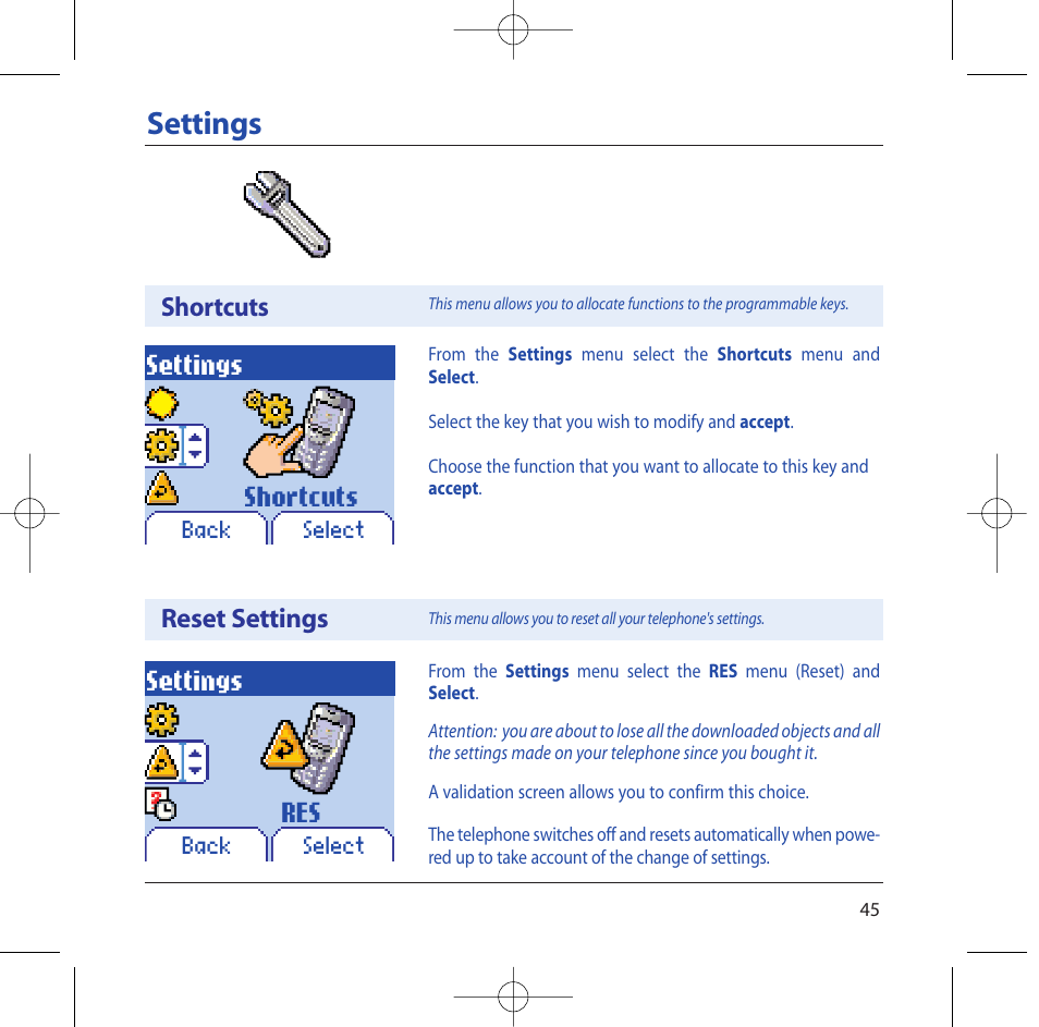 Settings, Shortcuts settings, Shortcuts reset settings | Sagem M2002 User Manual | Page 46 / 74