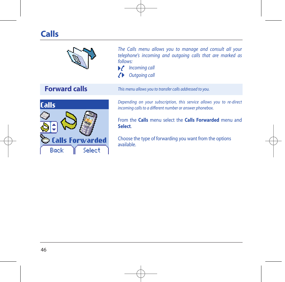 Calls, Calls forwarded, Forward calls | Sagem M2002 User Manual | Page 47 / 74