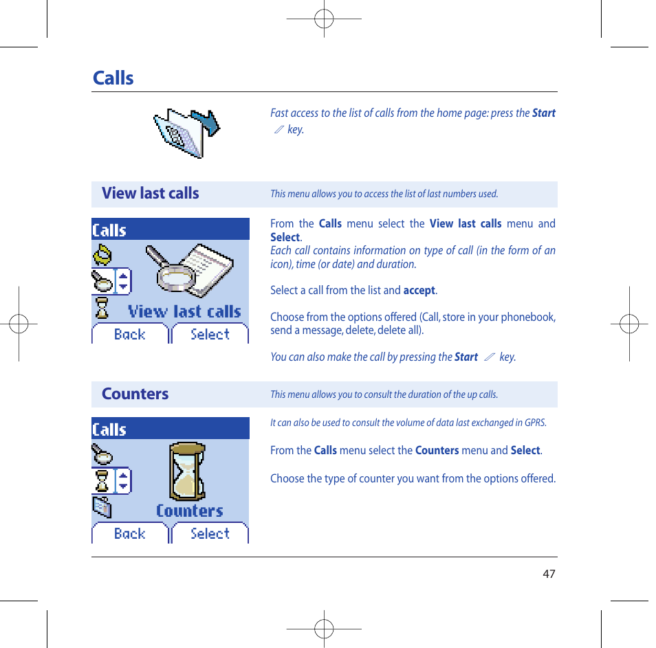 Calls, View last calls counters | Sagem M2002 User Manual | Page 48 / 74