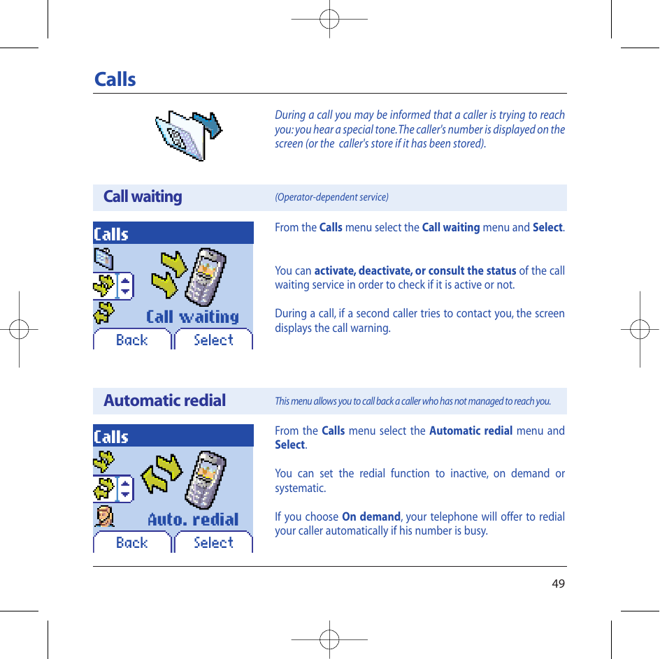 Calls, Call waiting auto. redial, Call waiting automatic redial | Sagem M2002 User Manual | Page 50 / 74