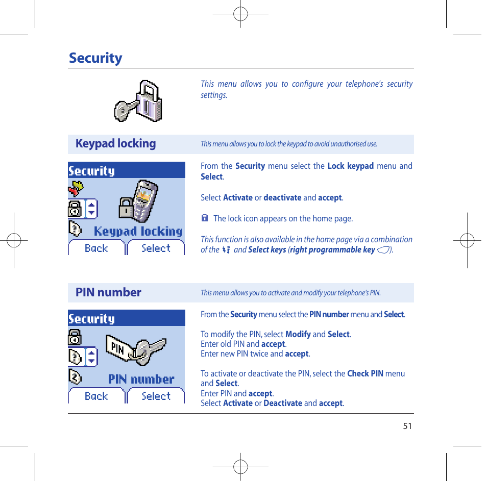 Security, Keypad locking pin number | Sagem M2002 User Manual | Page 52 / 74