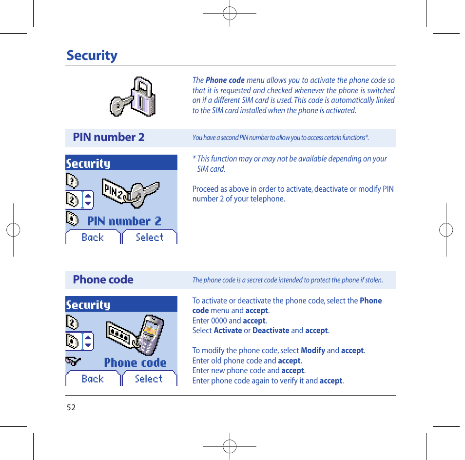 Security, Pin number 2 phone code | Sagem M2002 User Manual | Page 53 / 74