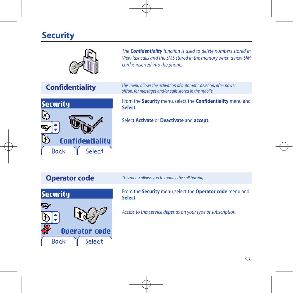 Security, Operator code, Confidentiality | Sagem M2002 User Manual | Page 54 / 74