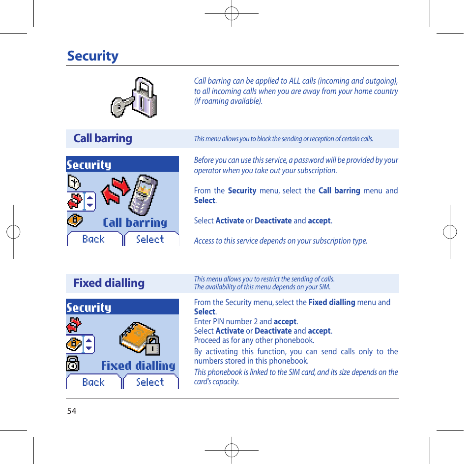 Security, Call barring, Fixed dialling | Sagem M2002 User Manual | Page 55 / 74