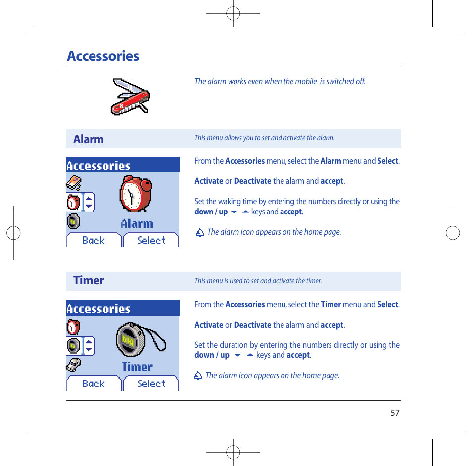 Accessories, Alarm accessories, Timer | Alarm timer | Sagem M2002 User Manual | Page 58 / 74