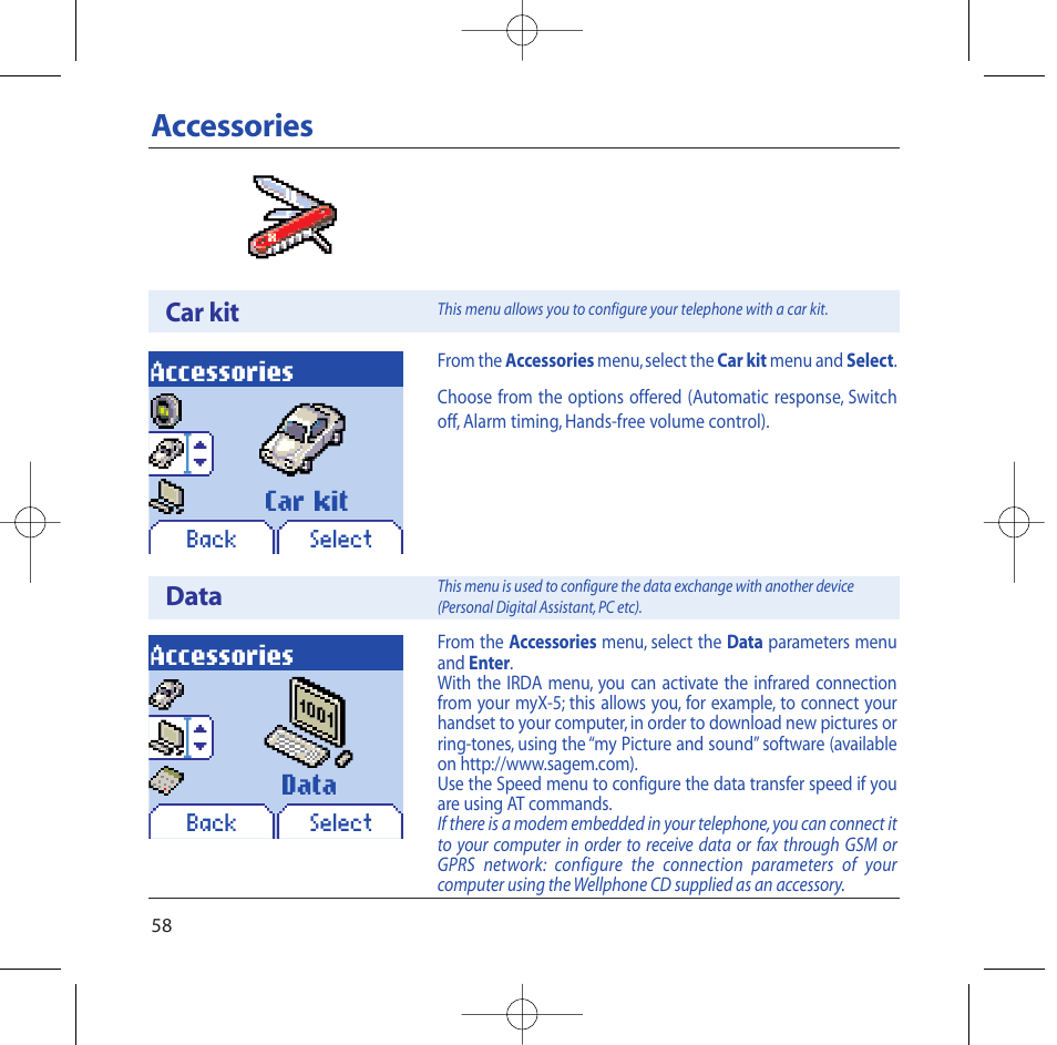 Accessories, Car kit accessories, Data | Sagem M2002 User Manual | Page 59 / 74