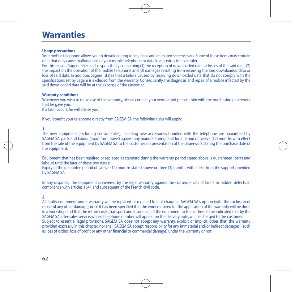 Warranties | Sagem M2002 User Manual | Page 63 / 74