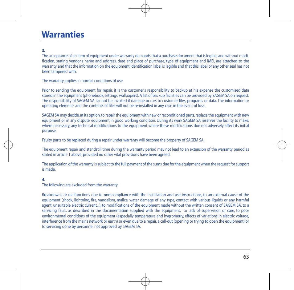 Warranties | Sagem M2002 User Manual | Page 64 / 74