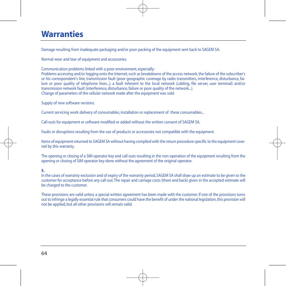 Warranties | Sagem M2002 User Manual | Page 65 / 74