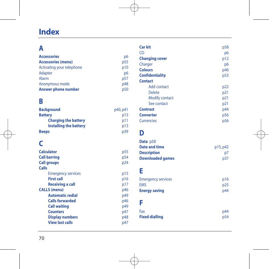 Index | Sagem M2002 User Manual | Page 71 / 74