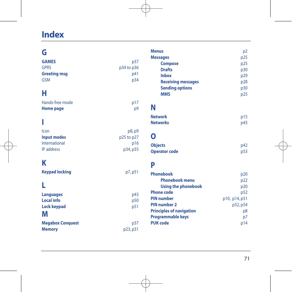 Index | Sagem M2002 User Manual | Page 72 / 74