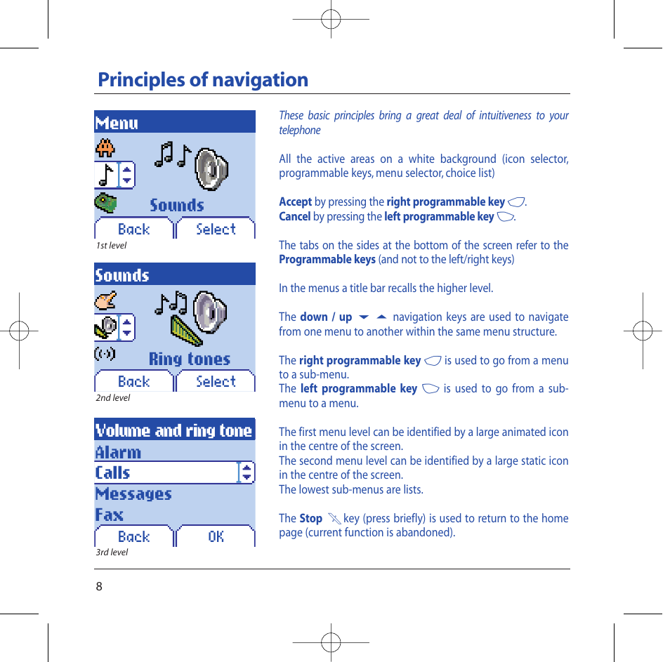 Principles of navigation, Menu, Sounds | Sounds ring tones volume and ring tone, Alarm calls messages fax | Sagem M2002 User Manual | Page 9 / 74