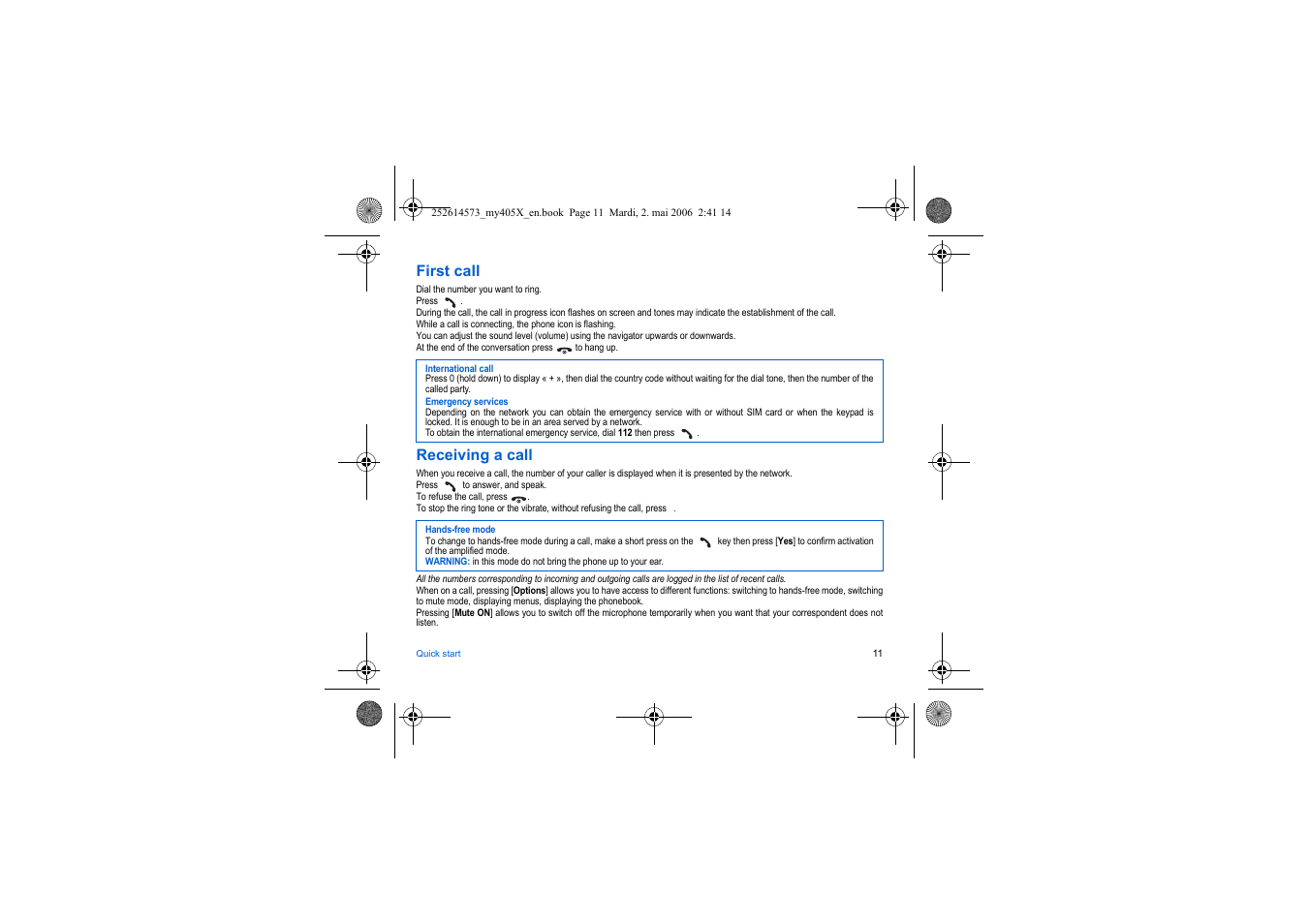 First call, Receiving a call | Sagem my405X User Manual | Page 11 / 64