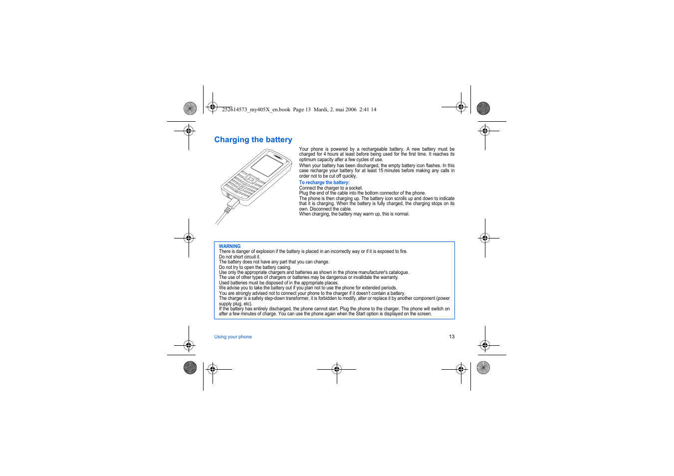 Charging the battery | Sagem my405X User Manual | Page 13 / 64