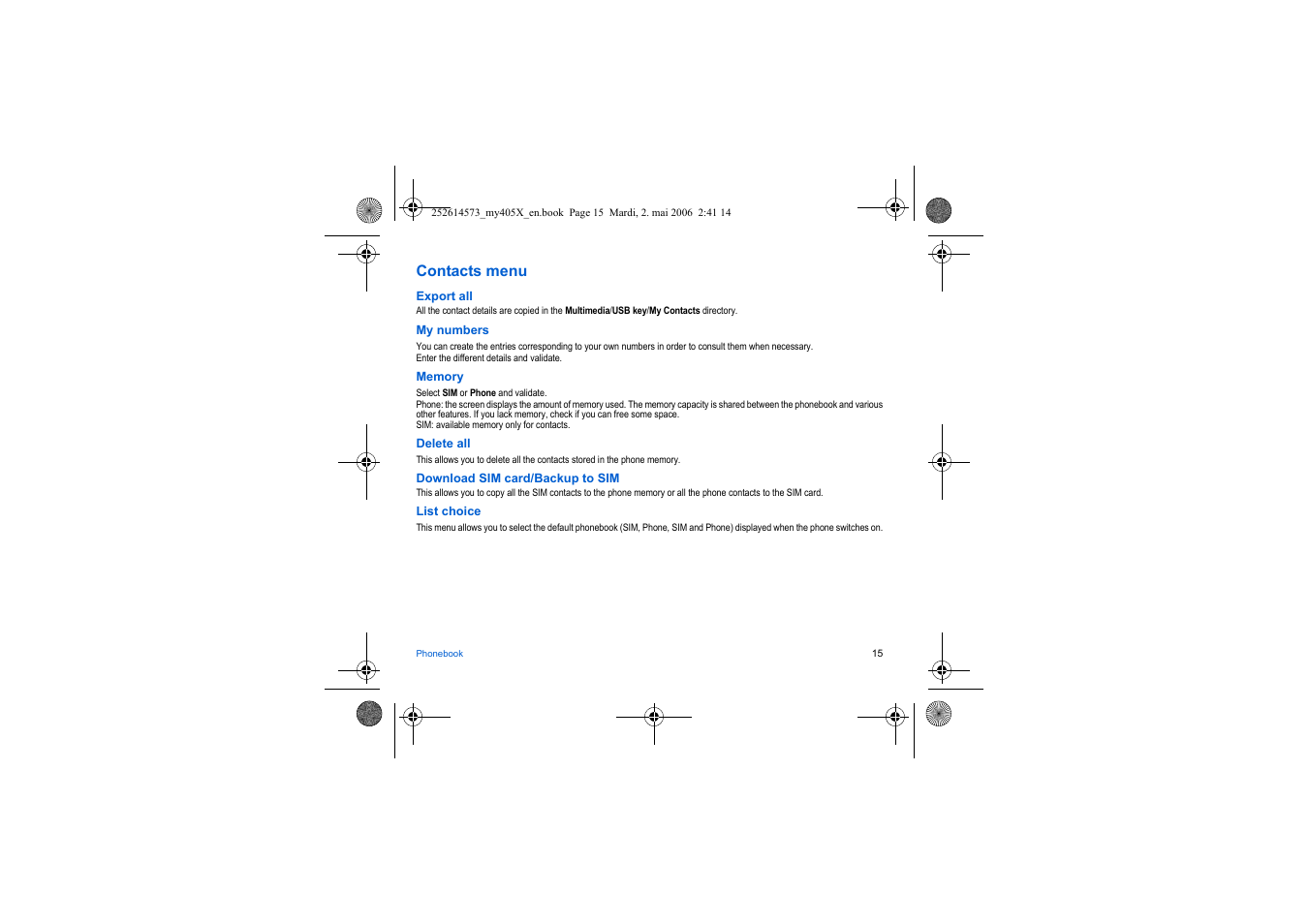 Contacts menu | Sagem my405X User Manual | Page 15 / 64