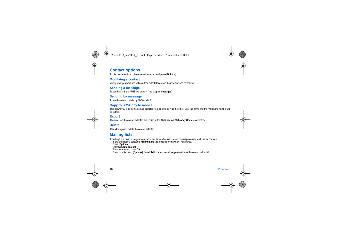 Contact options, Mailing lists | Sagem my405X User Manual | Page 16 / 64