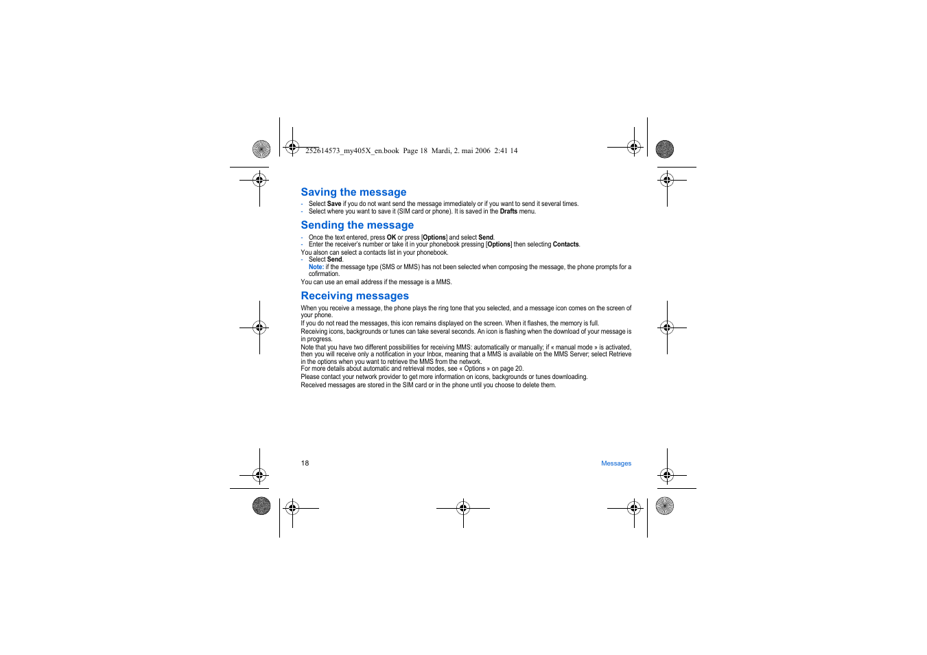 Saving the message, Sending the message, Receiving messages | Sagem my405X User Manual | Page 18 / 64