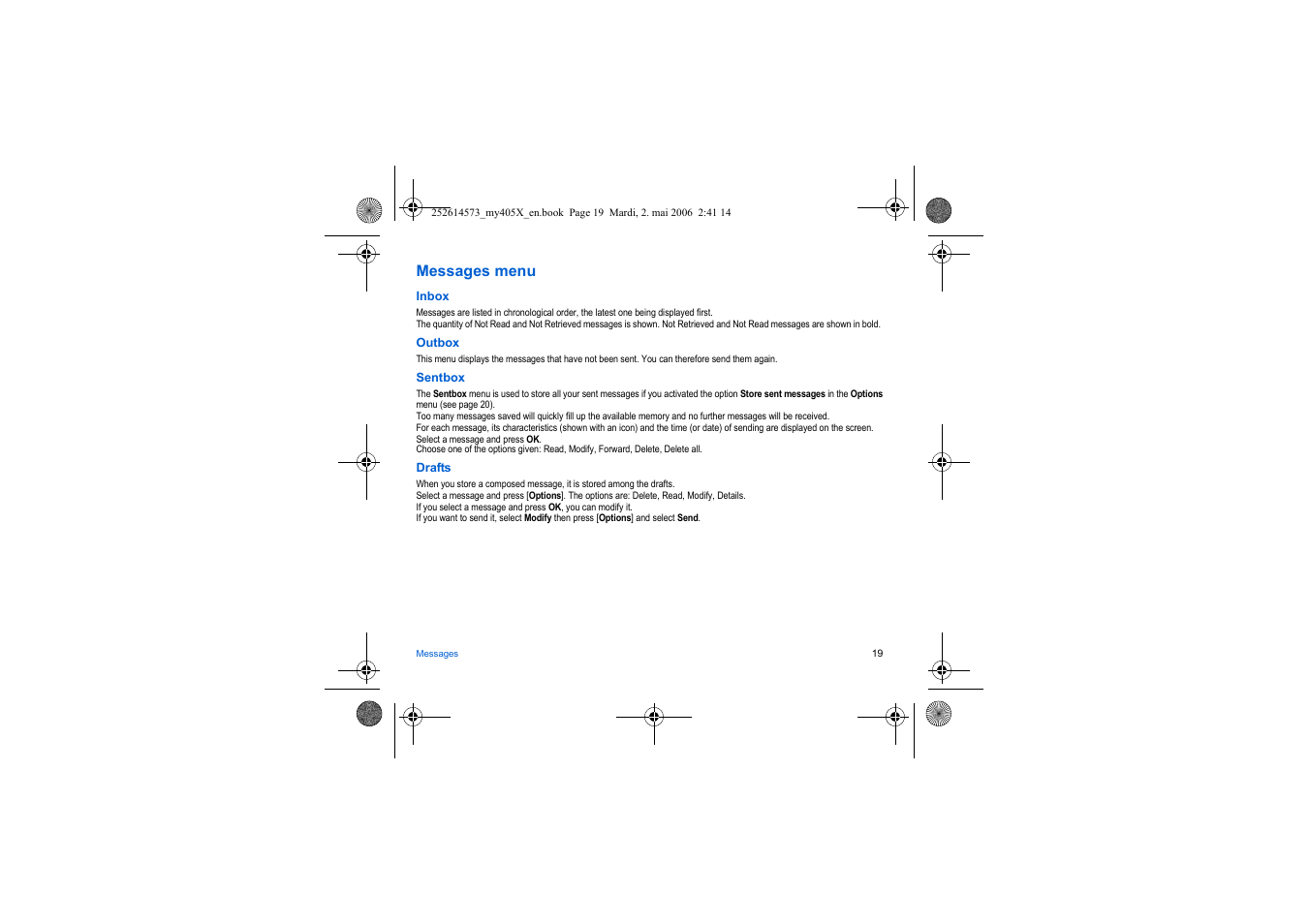 Messages menu | Sagem my405X User Manual | Page 19 / 64