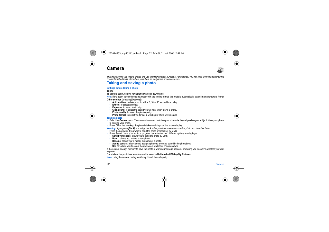 Camera, Taking and saving a photo | Sagem my405X User Manual | Page 22 / 64