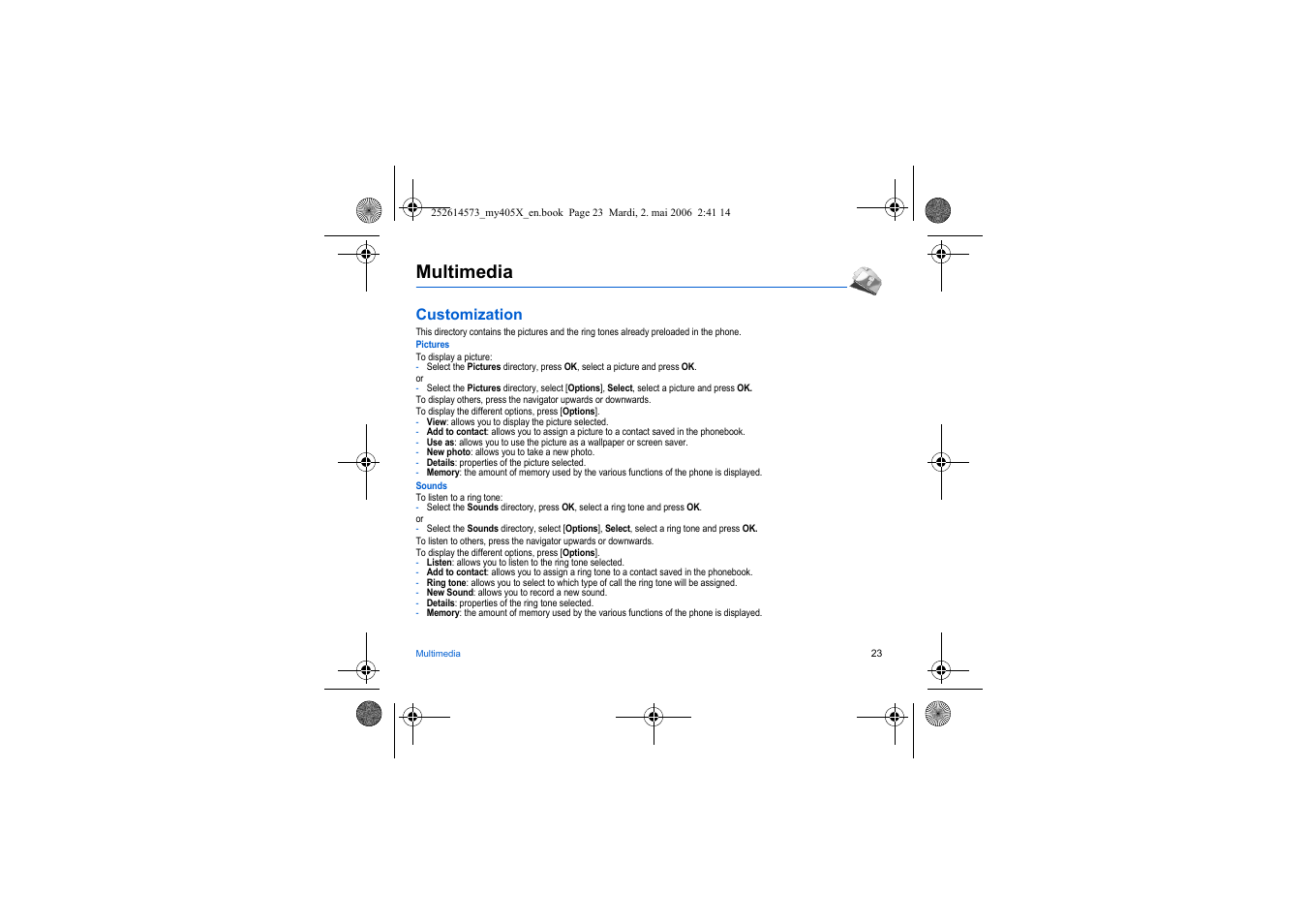 Multimedia, Customization | Sagem my405X User Manual | Page 23 / 64