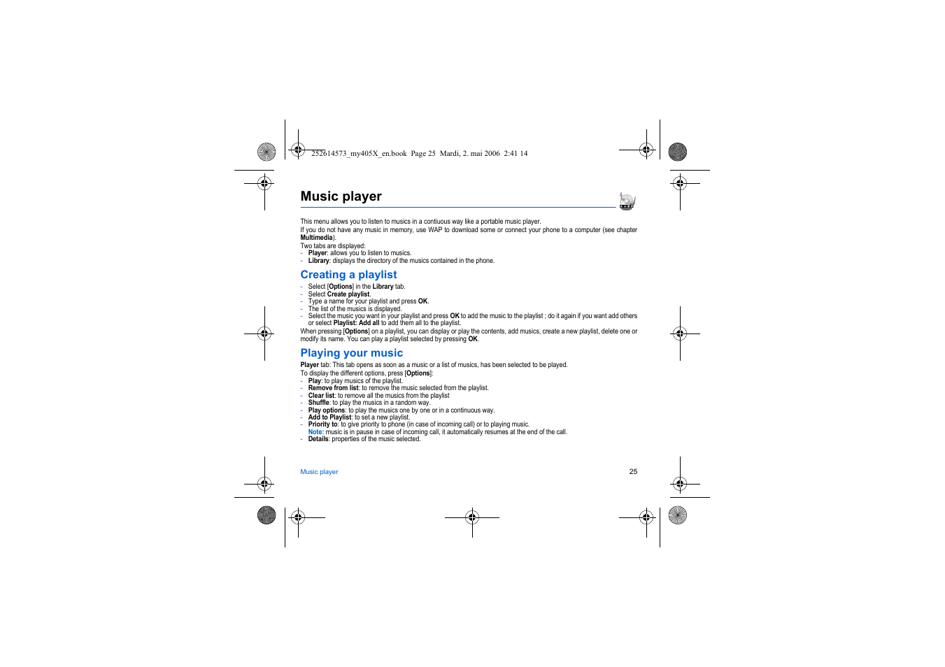 Music player, Creating a playlist, Playing your music | Sagem my405X User Manual | Page 25 / 64