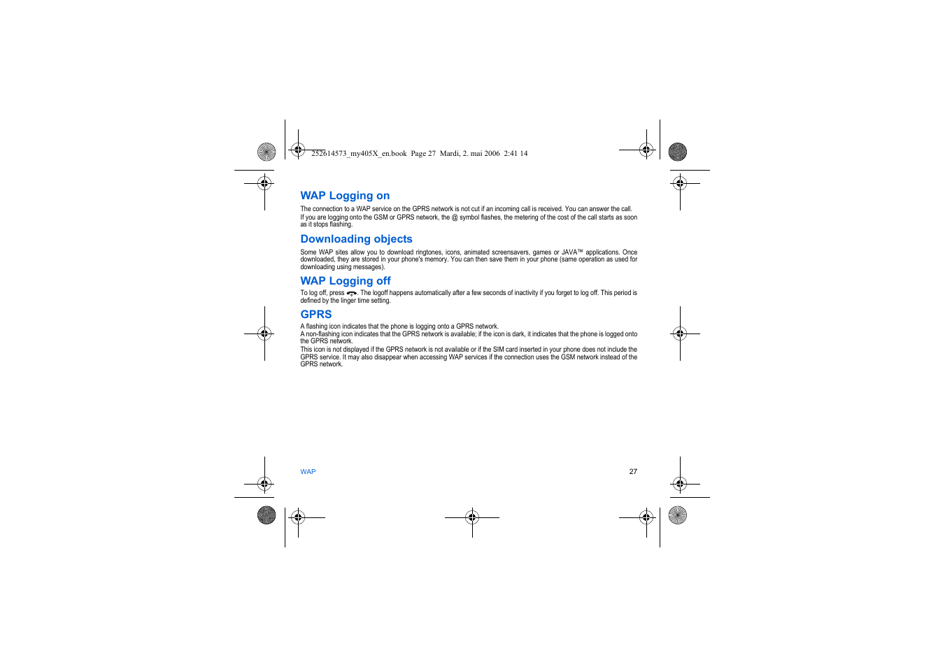 Wap logging on, Downloading objects, Wap logging off | Gprs | Sagem my405X User Manual | Page 27 / 64